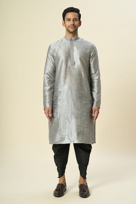 Arihant Rai Sinha_Gray Silk Embroidery Neck Kurta And Patiala Pant Set _at_Aza_Fashions
