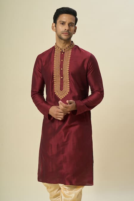 Buy_Arihant Rai Sinha_Wine Polyester Embroidery Bloom Kurta Set _Online_at_Aza_Fashions