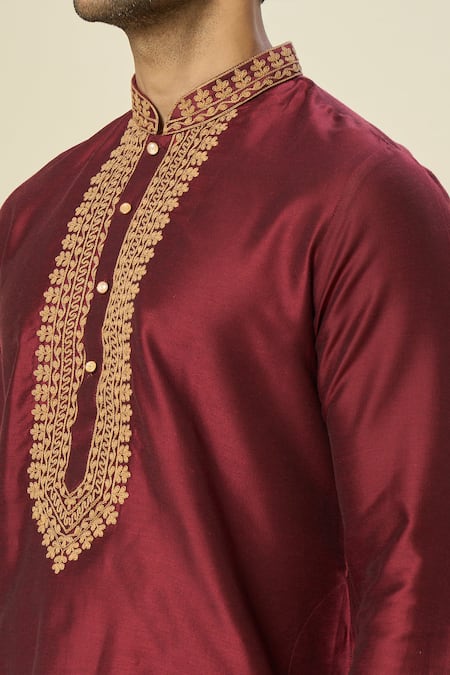 Shop_Arihant Rai Sinha_Wine Polyester Embroidery Bloom Kurta Set _Online_at_Aza_Fashions