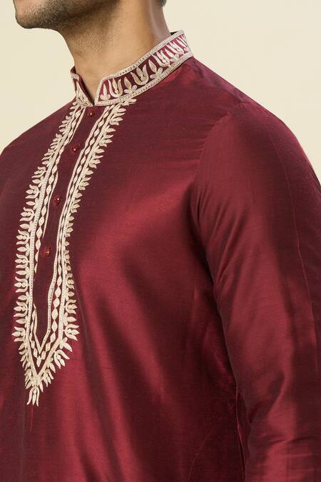 Buy_Arihant Rai Sinha_Wine Polyester, Silk Embroidery Tulip Kurta Set _Online_at_Aza_Fashions