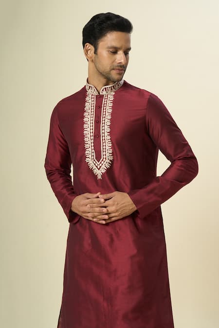 Buy_Arihant Rai Sinha_Wine Polyester, Silk Embroidery Tulip Kurta Set 