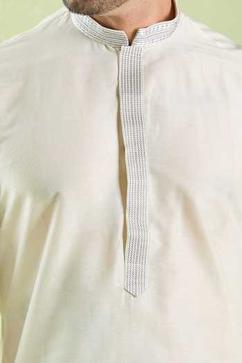 Buy_Arihant Rai Sinha_Cream Polyester, Silk Embroidery Thread Placket Kurta And Patiala Pant _Online_at_Aza_Fashions