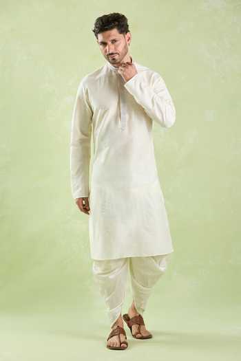 Shop_Arihant Rai Sinha_Cream Polyester, Silk Embroidery Thread Placket Kurta And Patiala Pant _Online_at_Aza_Fashions