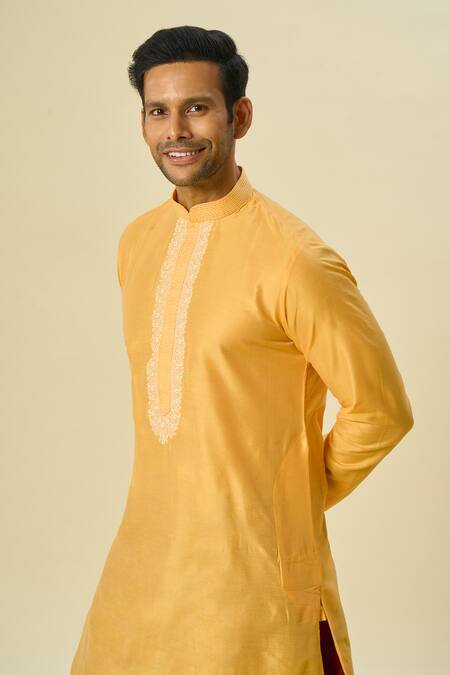 Buy_Arihant Rai Sinha_Yellow Polyester, Silk Embroidery Flora Vine Kurta And Patiala Pant _Online_at_Aza_Fashions