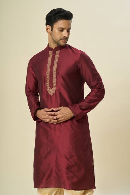 Buy_Arihant Rai Sinha_Wine Polyester, Silk Embroidery Paisley Kurta And Patiala Pant Set _Online_at_Aza_Fashions