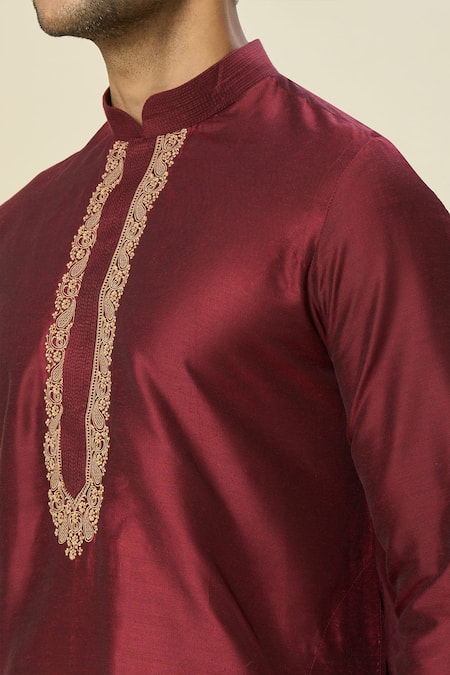 Shop_Arihant Rai Sinha_Wine Polyester, Silk Embroidery Paisley Kurta And Patiala Pant Set _Online_at_Aza_Fashions