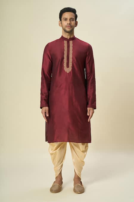 Arihant Rai Sinha_Wine Polyester, Silk Embroidery Paisley Kurta And Patiala Pant Set _at_Aza_Fashions