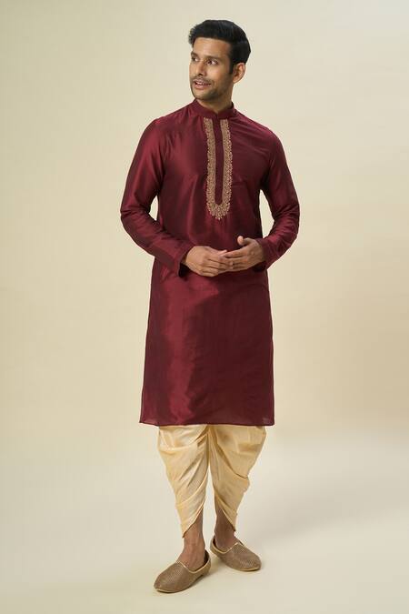 Buy_Arihant Rai Sinha_Wine Polyester, Silk Embroidery Paisley Kurta And Patiala Pant Set 