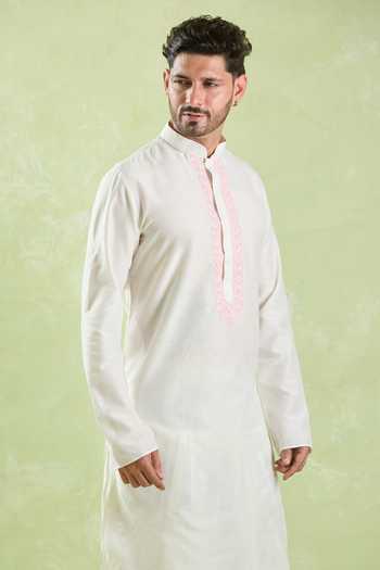 Arihant Rai Sinha White Polyester, Silk Embroidery Placket Kurta And Patiala Pant Online at Aza Fashions Arihant Rai Sinha_White Polyester, Silk Embroidery Placket Kurta And Patiala Pant _Online_at_Aza_Fashions