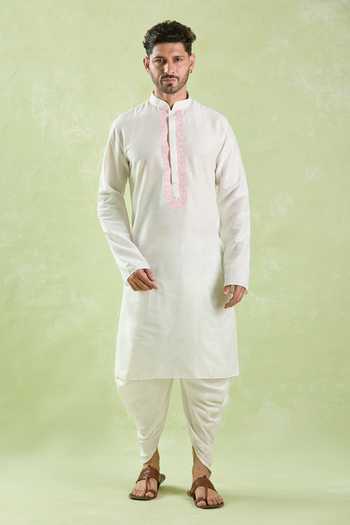 Shop Arihant Rai Sinha White Polyester, Silk Embroidery Placket Kurta And Patiala Pant Online at Aza Fashions Shop_Arihant Rai Sinha_White Polyester, Silk Embroidery Placket Kurta And Patiala Pant _Online_at_Aza_Fashions