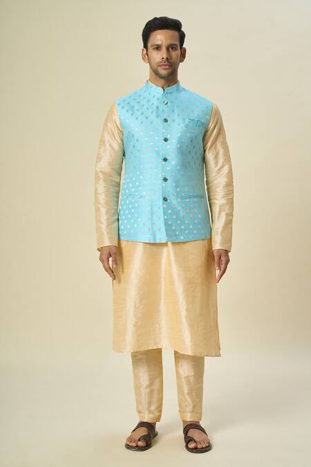 Buy Arihant Rai Sinha Blue Brocade, Silk Embroidery Leaf Motif Bundi Set Online at Aza Fashions Buy_Arihant Rai Sinha_Blue Brocade, Silk Embroidery Leaf Motif Bundi Set _Online_at_Aza_Fashions