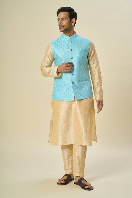 Arihant Rai Sinha Blue Brocade, Silk Embroidery Leaf Motif Bundi Set at Aza Fashions Arihant Rai Sinha_Blue Brocade, Silk Embroidery Leaf Motif Bundi Set _at_Aza_Fashions