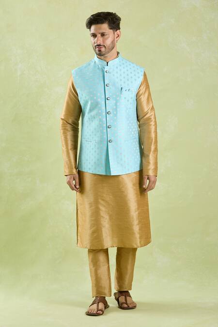 Shop_Arihant Rai Sinha_Blue Brocade, Silk Embroidery Flower Motif Bundi Set _Online_at_Aza_Fashions