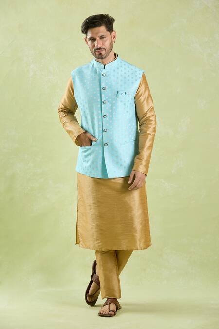 Arihant Rai Sinha_Blue Brocade, Silk Embroidery Flower Motif Bundi Set _at_Aza_Fashions