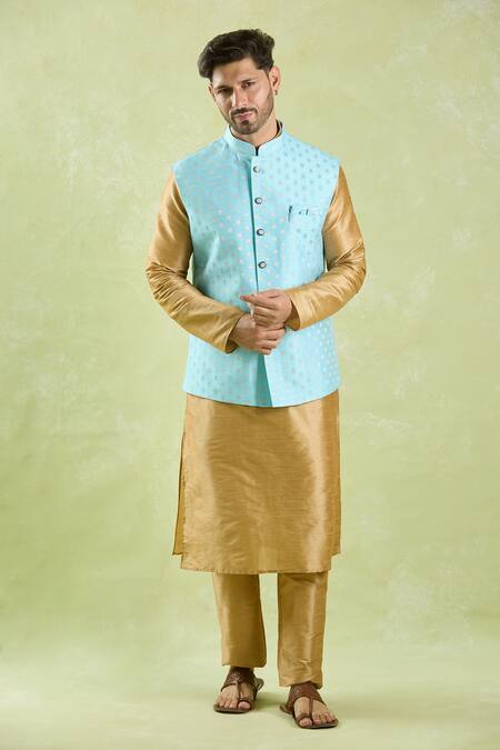 Buy_Arihant Rai Sinha_Blue Brocade, Silk Embroidery Flower Motif Bundi Set 