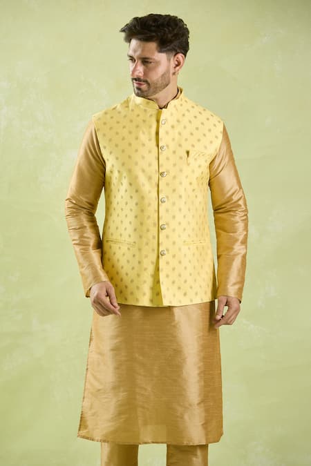 Shop_Arihant Rai Sinha_Yellow Brocade, Silk Embroidery Leaf Motif Bundi Kurta Set _Online_at_Aza_Fashions