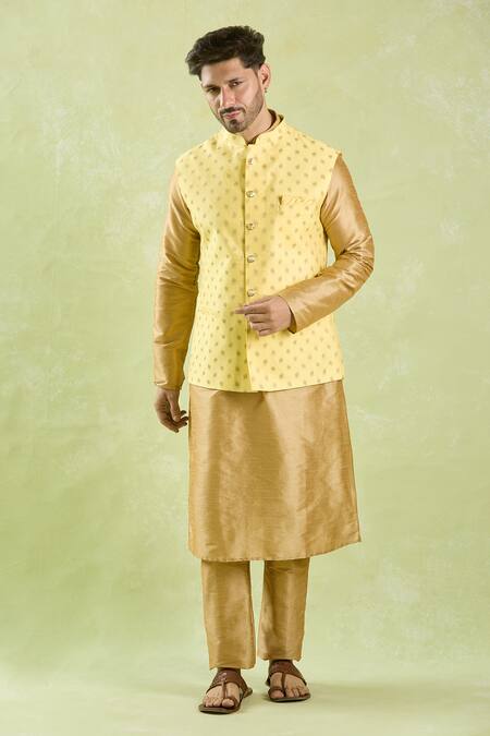 Buy_Arihant Rai Sinha_Yellow Brocade, Silk Embroidery Leaf Motif Bundi Kurta Set 