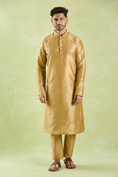 Arihant Rai Sinha_Yellow Brocade, Silk Embroidery Flower Motif Bundi And Kurta Set _Online_at_Aza_Fashions