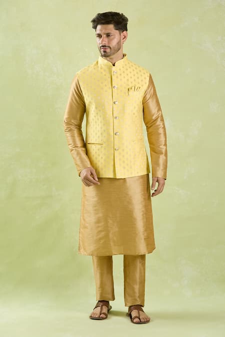 Shop_Arihant Rai Sinha_Yellow Brocade, Silk Embroidery Flower Motif Bundi And Kurta Set _Online_at_Aza_Fashions