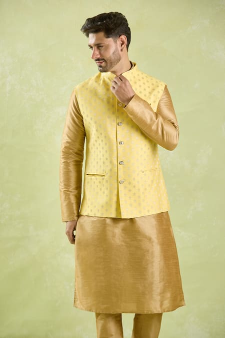 Buy_Arihant Rai Sinha_Yellow Brocade, Silk Embroidery Flower Motif Bundi And Kurta Set 