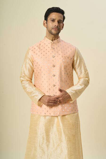 Buy Arihant Rai Sinha Pink Brocade, Silk Embroidery Leaf Motif Bundi With Solid Kurta Set Online at Aza Fashions Buy_Arihant Rai Sinha_Pink Brocade, Silk Embroidery Leaf Motif Bundi With Solid Kurta Set _Online_at_Aza_Fashions