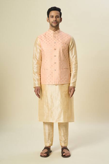 Shop Arihant Rai Sinha Pink Brocade, Silk Embroidery Leaf Motif Bundi With Solid Kurta Set Online at Aza Fashions Shop_Arihant Rai Sinha_Pink Brocade, Silk Embroidery Leaf Motif Bundi With Solid Kurta Set _Online_at_Aza_Fashions