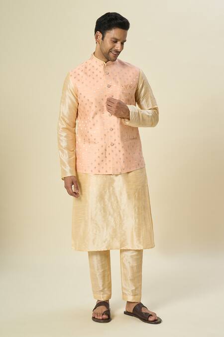 Arihant Rai Sinha Pink Brocade, Silk Embroidery Leaf Motif Bundi With Solid Kurta Set at Aza Fashions Arihant Rai Sinha_Pink Brocade, Silk Embroidery Leaf Motif Bundi With Solid Kurta Set _at_Aza_Fashions