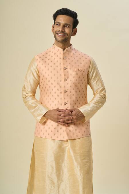 Shop_Arihant Rai Sinha_Pink Brocade, Silk Embroidery Leaf Motif Bundi With Straight Kurta Set _Online_at_Aza_Fashions