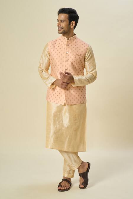 Buy_Arihant Rai Sinha_Pink Brocade, Silk Embroidery Leaf Motif Bundi With Straight Kurta Set 