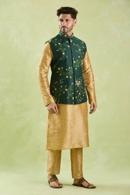 Shop_Arihant Rai Sinha_Green Silk Embroidery Floral Vine Bundi Set _Online_at_Aza_Fashions