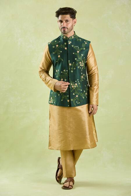 Arihant Rai Sinha_Green Silk Embroidery Floral Vine Bundi Set _at_Aza_Fashions