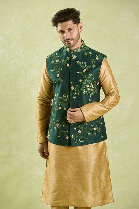 Buy_Arihant Rai Sinha_Green Silk Embroidery Floral Vine Bundi Set 