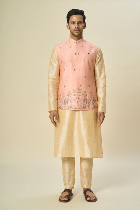 Arihant Rai Sinha_Pink Silk Embroidery Floral Vine Bundi Set _Online_at_Aza_Fashions