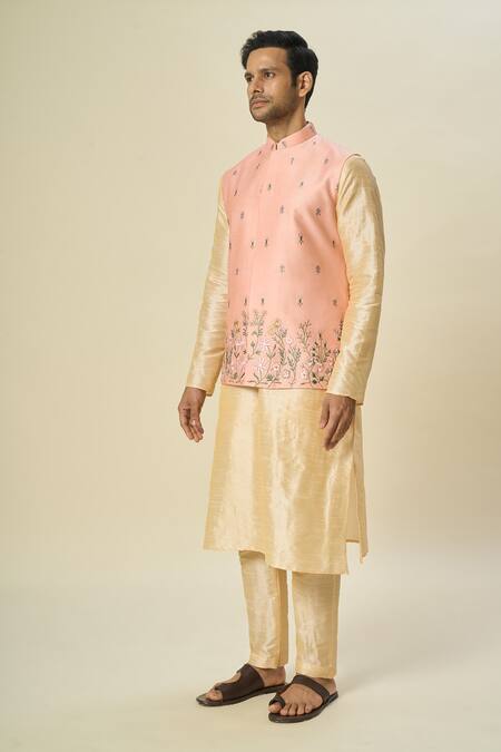 Buy_Arihant Rai Sinha_Pink Silk Embroidery Floral Vine Bundi Set _Online_at_Aza_Fashions