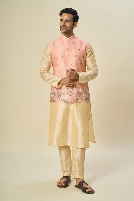 Shop_Arihant Rai Sinha_Pink Silk Embroidery Floral Vine Bundi Set _Online_at_Aza_Fashions