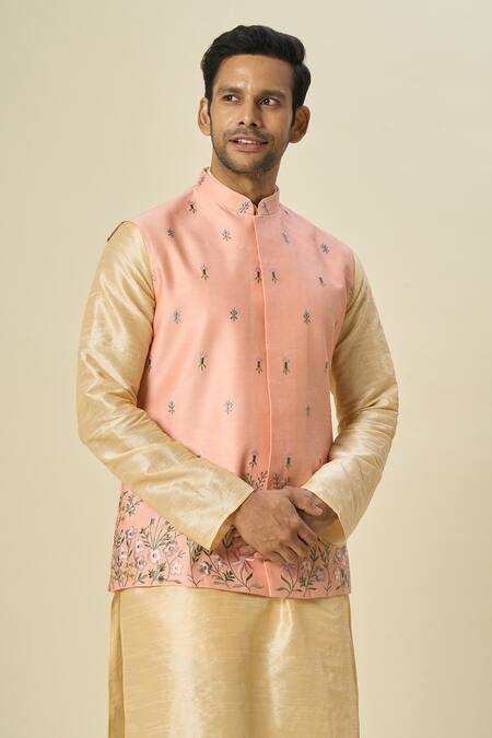 Arihant Rai Sinha_Pink Silk Embroidery Floral Vine Bundi Set _at_Aza_Fashions