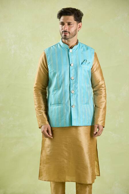 Shop_Arihant Rai Sinha_Blue Brocade, Silk Embroidery Stripe Pattern Bundi With Kurta Set _Online_at_Aza_Fashions