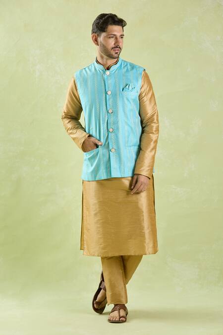 Arihant Rai Sinha_Blue Brocade, Silk Embroidery Stripe Pattern Bundi With Kurta Set _at_Aza_Fashions
