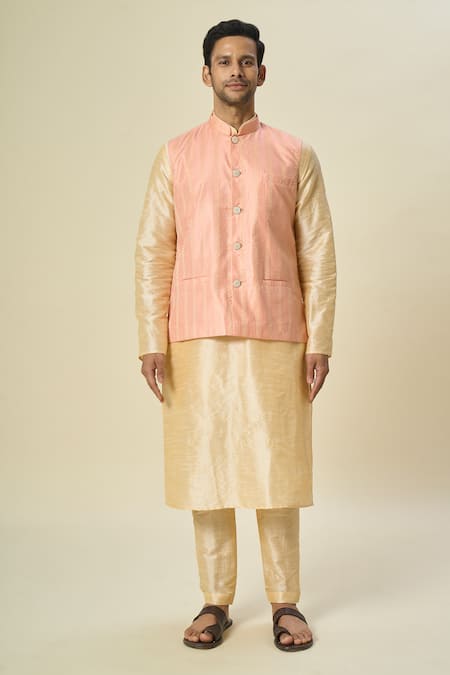 Arihant Rai Sinha_Pink Brocade, Silk Stripe Pattern Bundi And Kurta Set _Online_at_Aza_Fashions