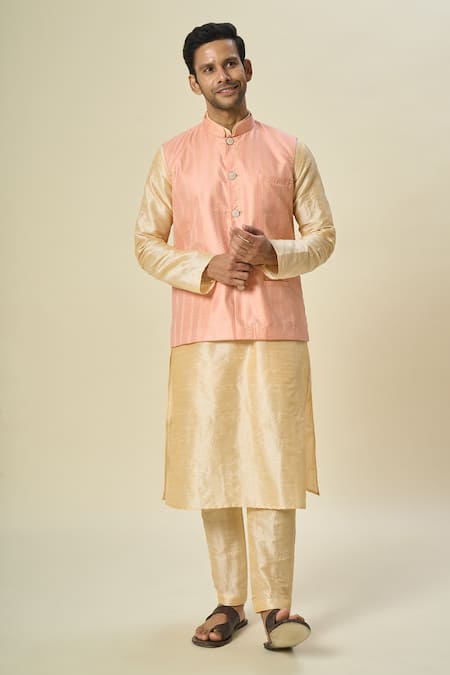Buy_Arihant Rai Sinha_Pink Brocade, Silk Stripe Pattern Bundi And Kurta Set _Online_at_Aza_Fashions