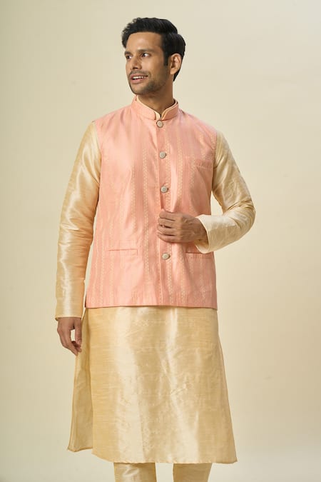 Shop_Arihant Rai Sinha_Pink Brocade, Silk Stripe Pattern Bundi And Kurta Set _Online_at_Aza_Fashions