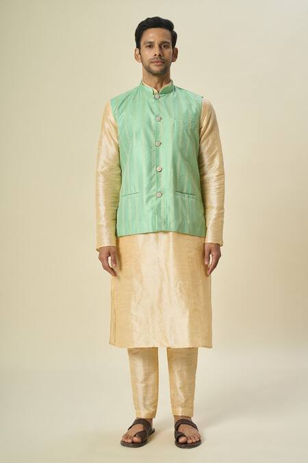 Arihant Rai Sinha_Green Brocade, Silk Stripe Bundi And Solid Kurta Set _Online_at_Aza_Fashions