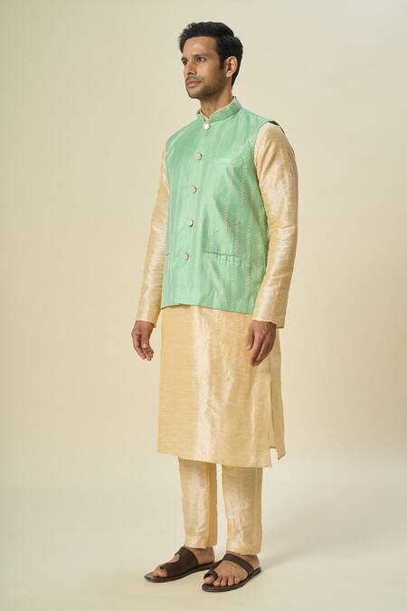 Buy_Arihant Rai Sinha_Green Brocade, Silk Stripe Bundi And Solid Kurta Set _Online_at_Aza_Fashions