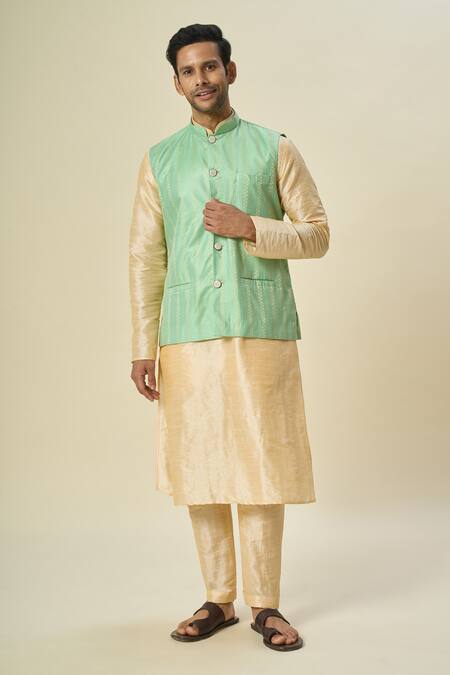 Shop_Arihant Rai Sinha_Green Brocade, Silk Stripe Bundi And Solid Kurta Set _Online_at_Aza_Fashions