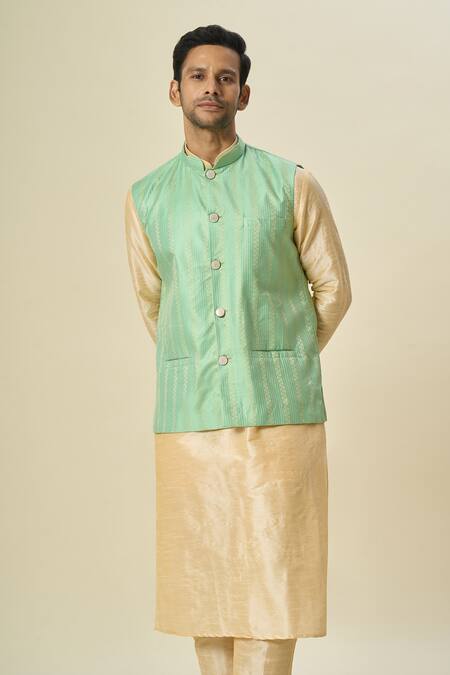 Arihant Rai Sinha_Green Brocade, Silk Stripe Bundi And Solid Kurta Set _at_Aza_Fashions