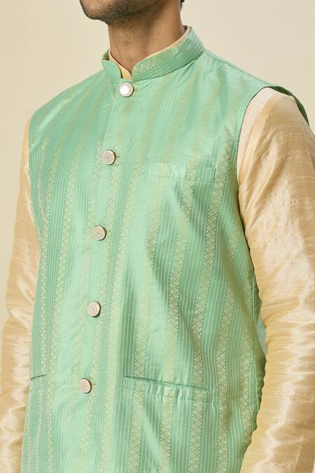 Buy_Arihant Rai Sinha_Green Brocade, Silk Stripe Bundi And Solid Kurta Set 