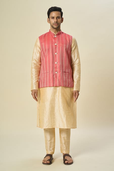 Arihant Rai Sinha_Red Brocade, Silk Contrast Stripe Bundi With Kurta Set _Online_at_Aza_Fashions