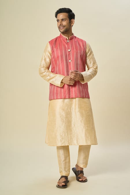 Buy_Arihant Rai Sinha_Red Brocade, Silk Contrast Stripe Bundi With Kurta Set _Online_at_Aza_Fashions