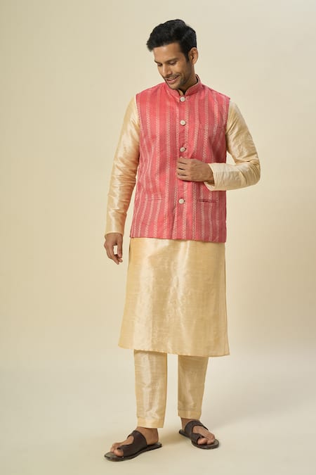 Shop_Arihant Rai Sinha_Red Brocade, Silk Contrast Stripe Bundi With Kurta Set _Online_at_Aza_Fashions
