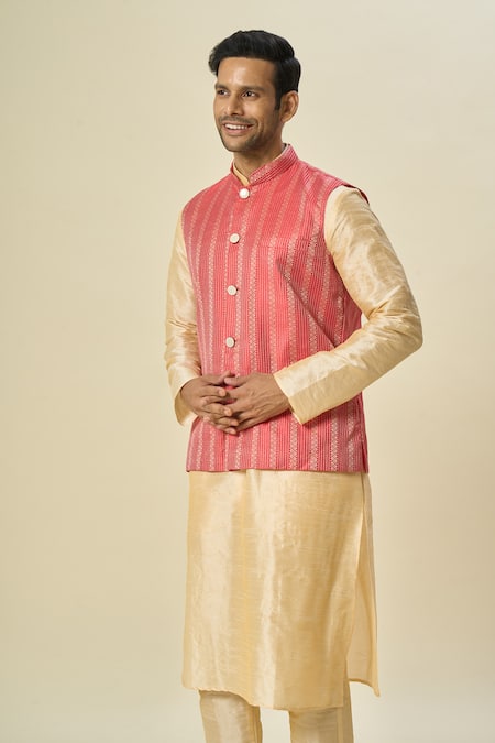 Arihant Rai Sinha_Red Brocade, Silk Contrast Stripe Bundi With Kurta Set _at_Aza_Fashions